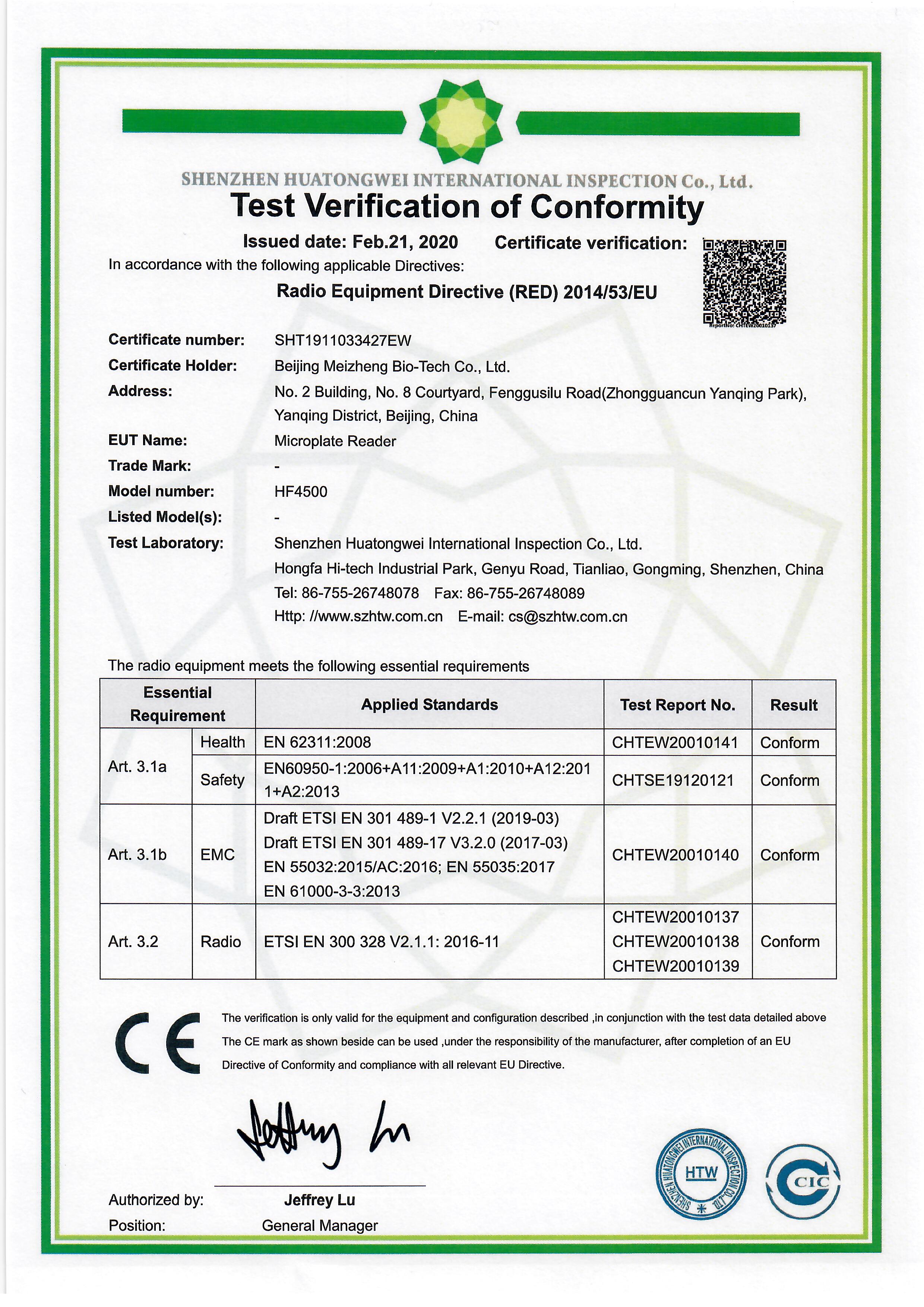 CE Certification of HF4500 Microplate Reader 