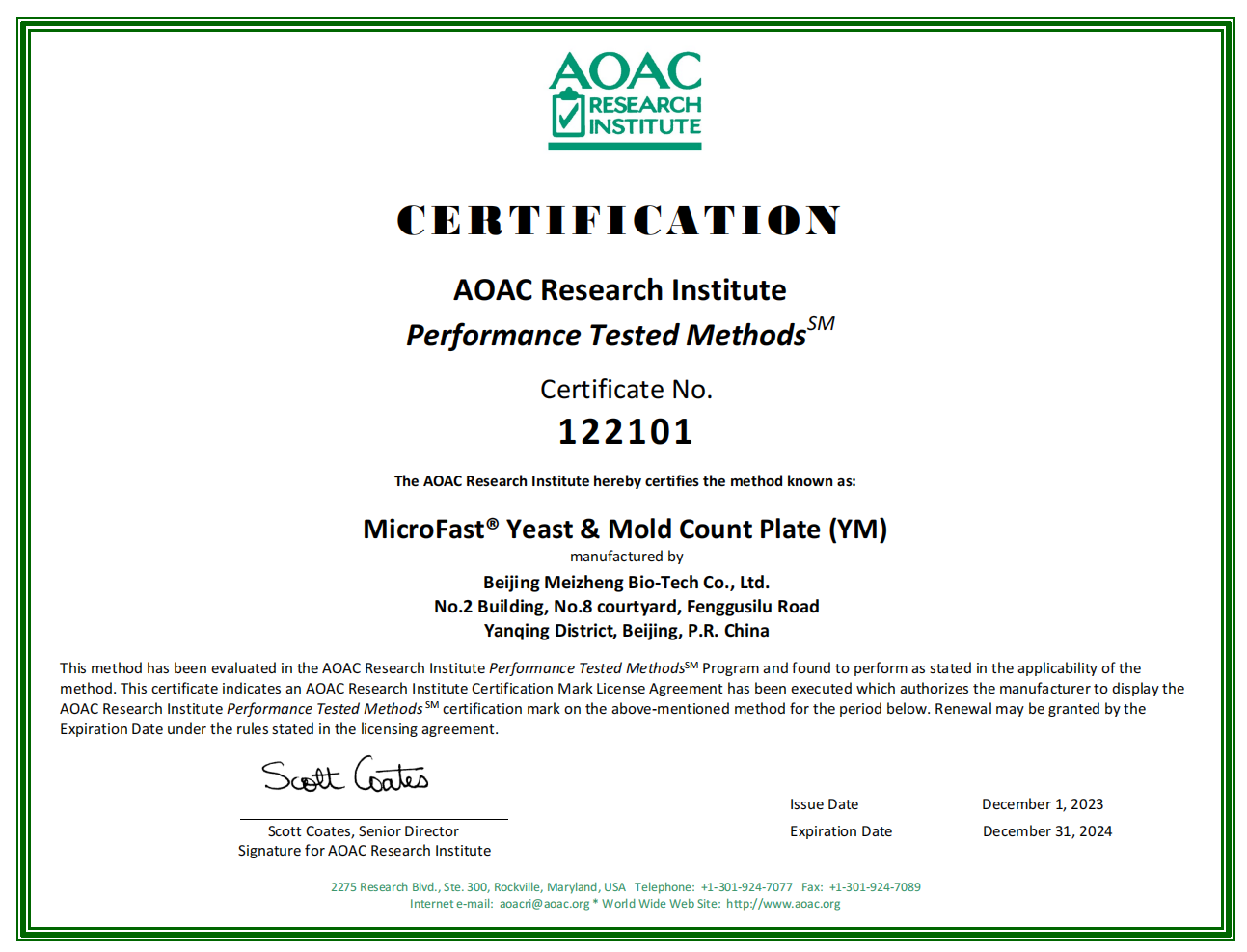 AOAC Certificate of Microfast® Yeast & Mold Count Plate (YM)